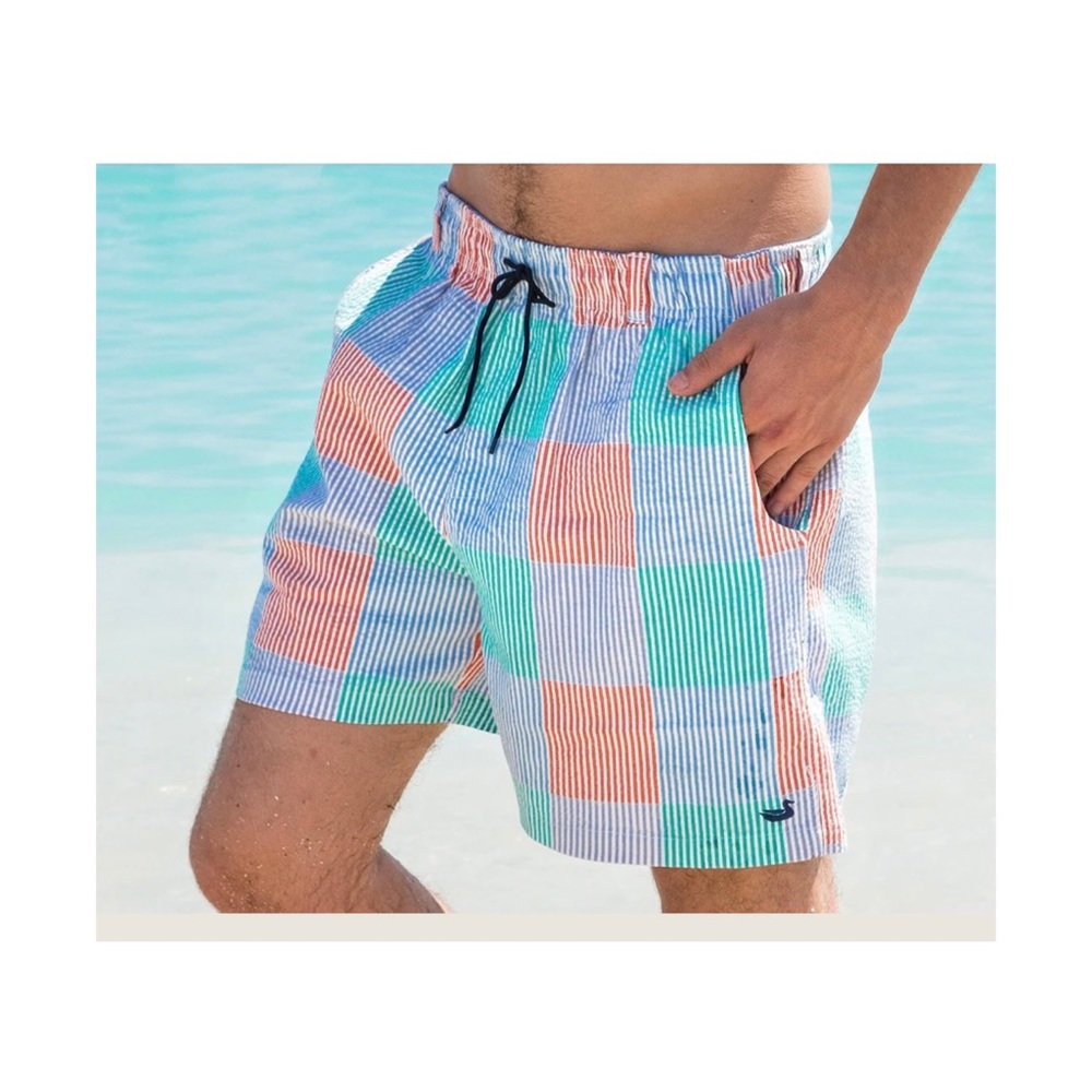 Mens Southern Marsh Dockside Seersucker Patchwork Swim Trunk